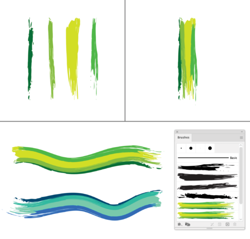 Samples of multicolored brushstrokes and the Brushes panel