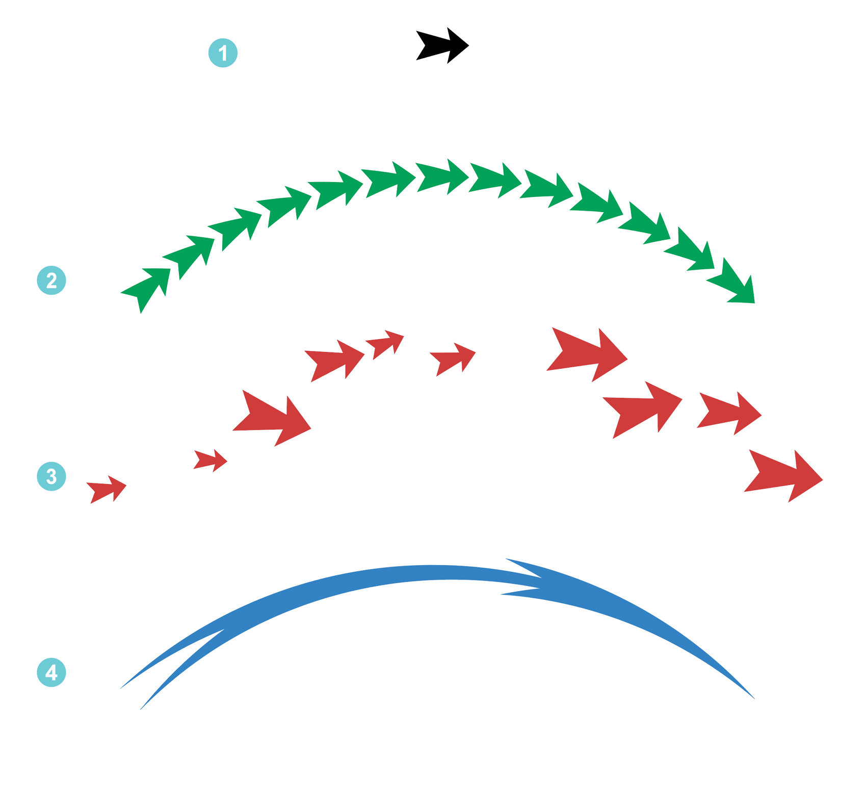 1. Single black arrow. 2. Multiple single green arrows on curved path. 3. Multiple red arrows pointing randomly but along the same curved path. 4. One single blue arrow, stretched from one end of the curved path to the other.