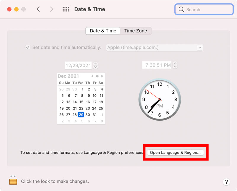Date & Time settings macOS