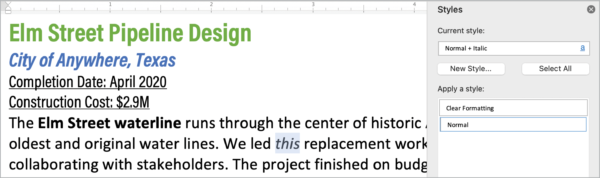 Microsoft Word text formatted with heading, location, construction stats and description but Styles menu showing only Normal style applied