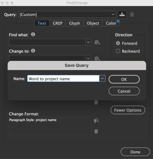 Save Query dialog box with Name: "Word to project name"