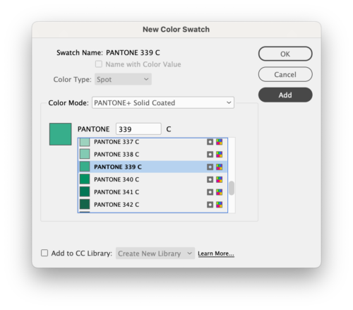 New color swatch dialog box from InDesign with swatch PANTONE 339C selected from Color Mode PANTONE+ Solid Coated, from list of options 