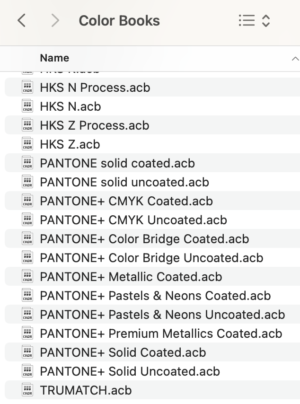File list of Color Books folder from Photoshop: PANTONE solid coated, etc.