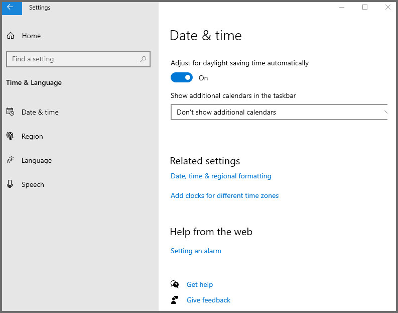 Windows 10 Date and Time settings