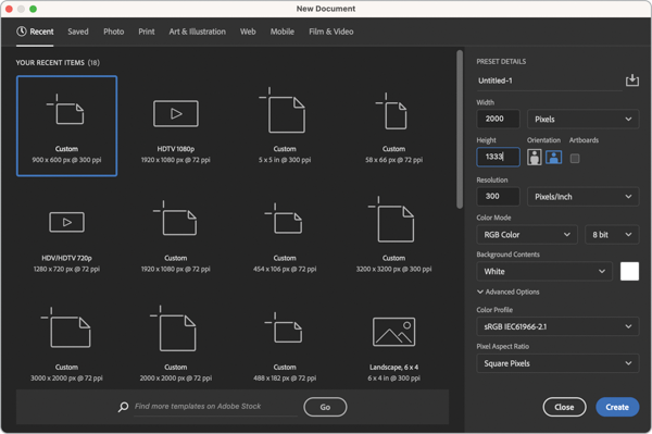 New Document dialog box with Custom size selected. Preset details for Untitled-1 setting: Width 2000 pixels; height, 1333 (field active); Orientation: landscape active; Artboards unchecked; resolution, 300px; color mode, RGB Color 8 bit; Background Contents White; Advanced options: Color profile: srRGB IEC61966-2.1; Pixel aspect ratio: square pixels.
