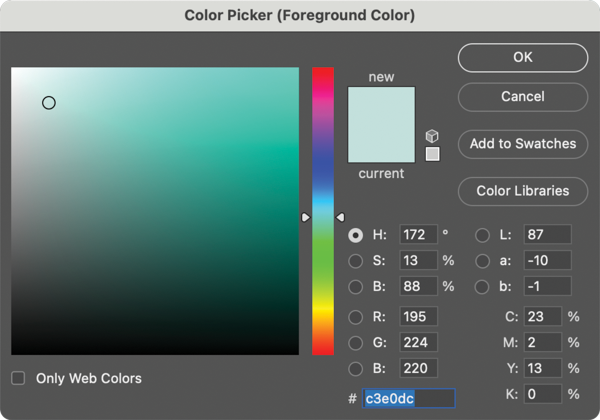Color Picker (Foreground Color) dialog box: H172/S13%/B88%; R195/G224/b220; L87/a–10/b–1; C23/M2/13Y/0K