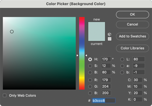 Color picker (background color) dialog box: H170/S12%/B80%, R179/G20/B200, L80/a –9/b –1, C30/M10/Y20/K0, #b3ccc8 (highlighted)