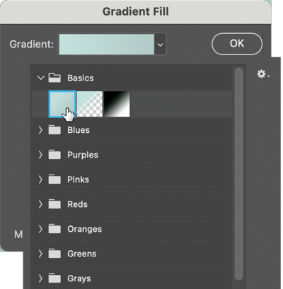 Gradient presets folder shows options in Basics folder: first option (highlighted) selects gradient with foreground and background color.