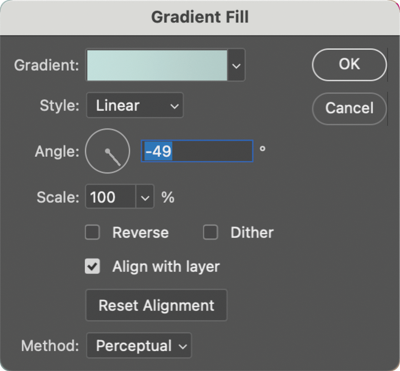 Gradient fill panel: Gradient (as selected in Figure 7), Style: Linear, Angle, –49 degrees, Scale 100%, Reverse unchecked, Dither unchecked, Align with layer checked, Reset Alignment selected; Method: perceptual.