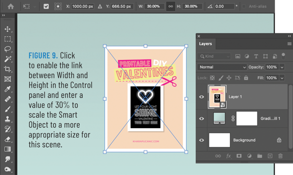 Flyer smart object showing in Photoshop, with Layers panel open. Layer 1 highlighted.