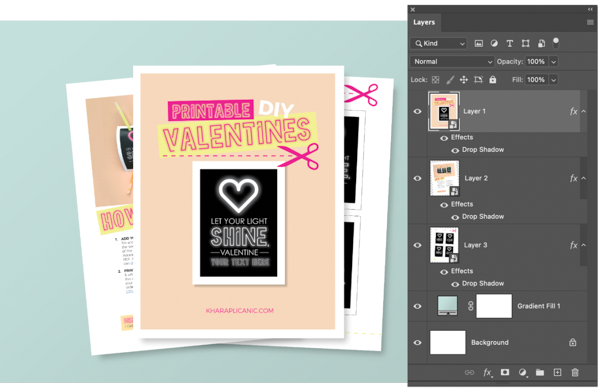 Image of three pages of brochure in Photoshop with Layers panel showing Layer 1 highlighted.