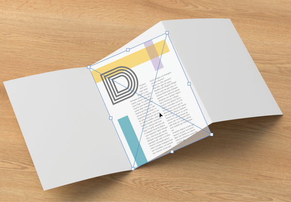 Screen shot of photo in Figure 14, with designed page placed (with blue boundary and X through image) roughly on center panel.