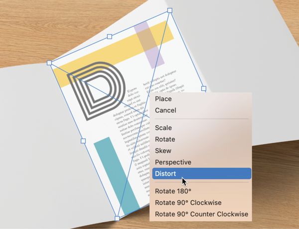With Photoshop screen as in Figure 16, frame with placed image selected and contextual menu shown, with Distort selected.