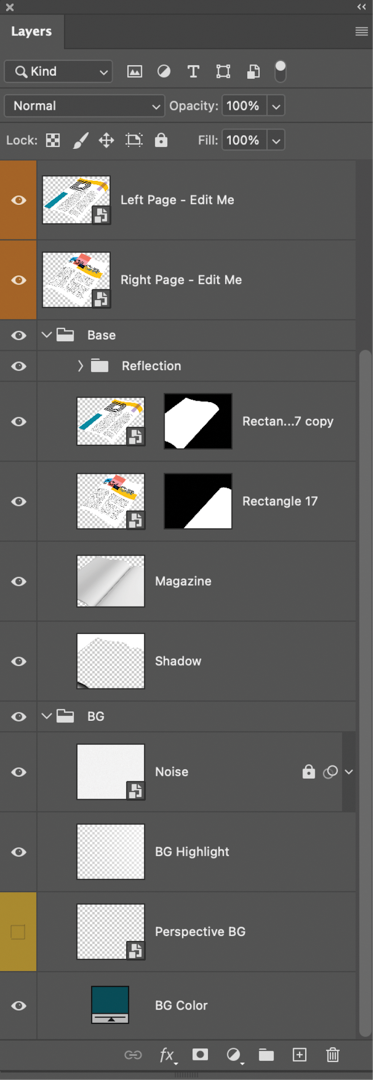 Layers panel as shown in Figure 19, with Base folder contents disclosed. Smart Layers shown for left and right pages, with background layers of the magazine and a shadow effect. BG folder opens to layers for background: Noise, BG Highlight, Perspective BG, and BG color.