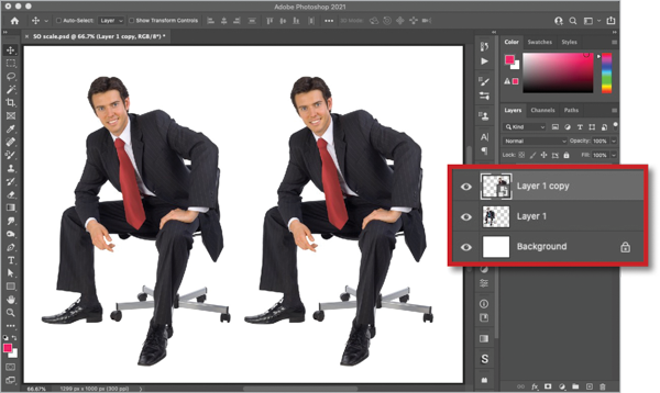 Photoshop document of two instances of an image of a businessman sitting on office chair; inset highlighted in red shows layers (layer 1 copy
<!--more-- srcset=