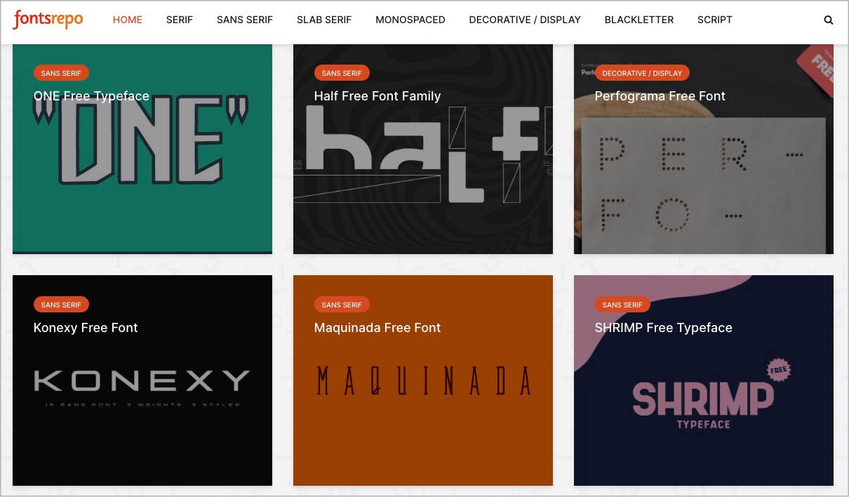 Screen shot of fontsrepo.com, with type samples for fonts One, Half, Perfograma, Konexy, Maquinada, and Shrimp