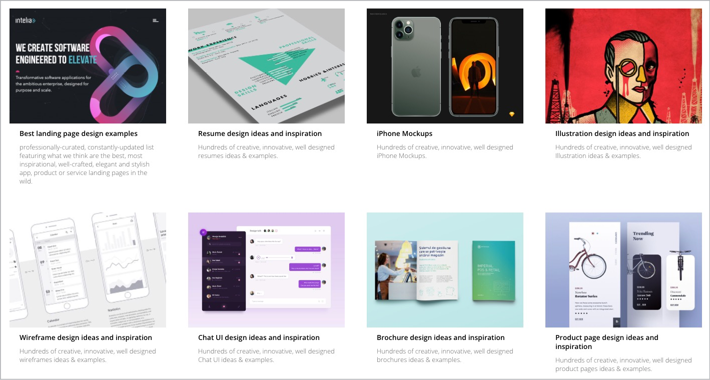 Dialog box offers links to articles on best landing page design examples, resume design examples and inspiration, iPhone mockups, illustration design ideas and inspiration, wireframe design ideas and inspiration, chatUI design ideas and inspiration, brochure design ideas and inspiration, and product page design ideas and inspiration. 