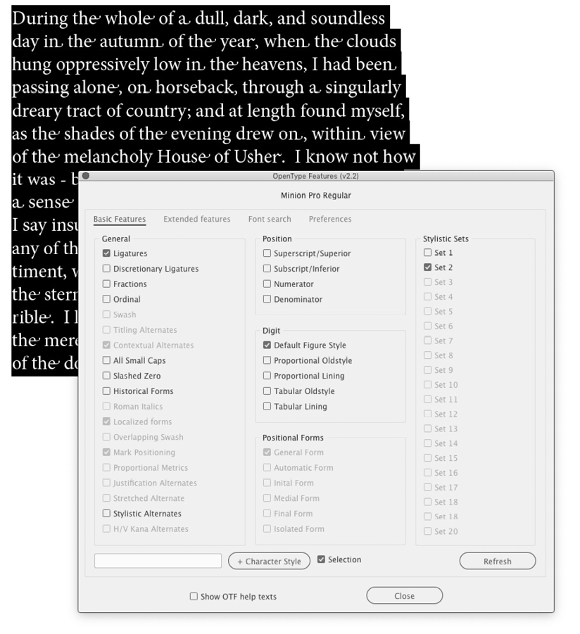 Highlighted text and dialog box for OpenType Features script. 
