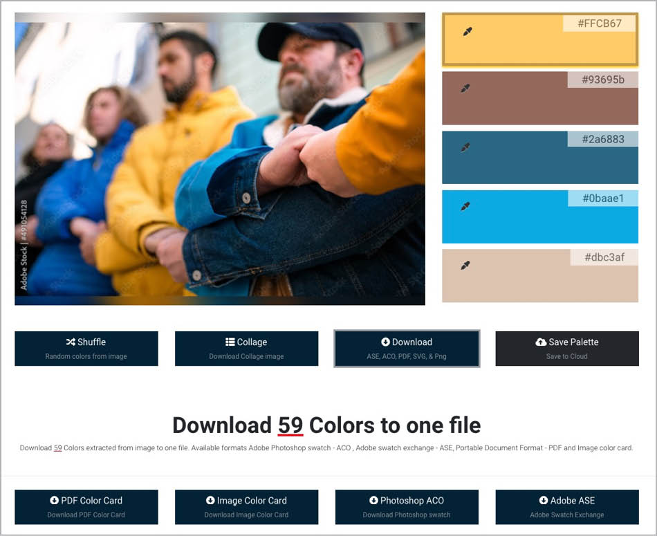 Dialog box with photo and five color swatches to match key colors in image, plus link to download 59 colors to one file
