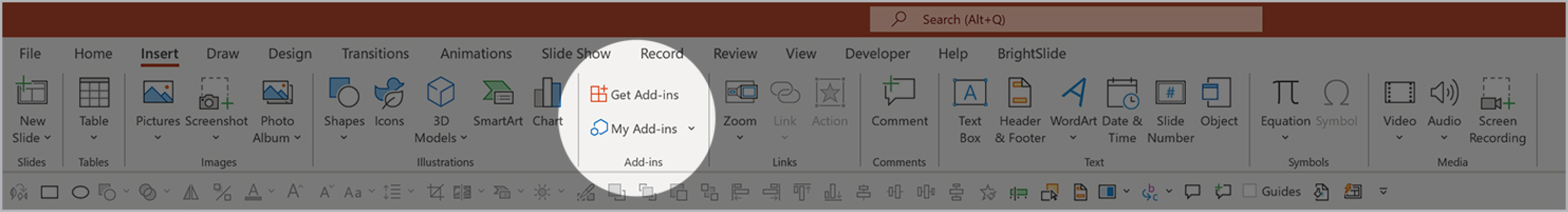 Ribbon from Microsoft PowerPoint with highlighted options to select "Get Add-Ins" and "My Add-Ins."