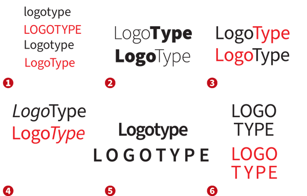 Multiple variants of design of the word "Logotype" with uppercase, lowercase, light, bold, letterspaced caps, black, red