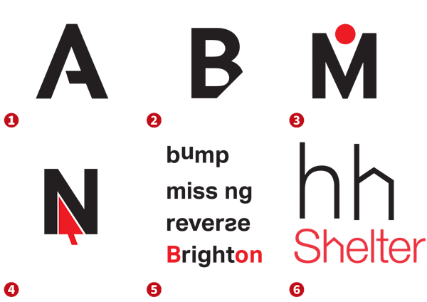 Six examples of exercise of adding or subtracting one element from a letter.