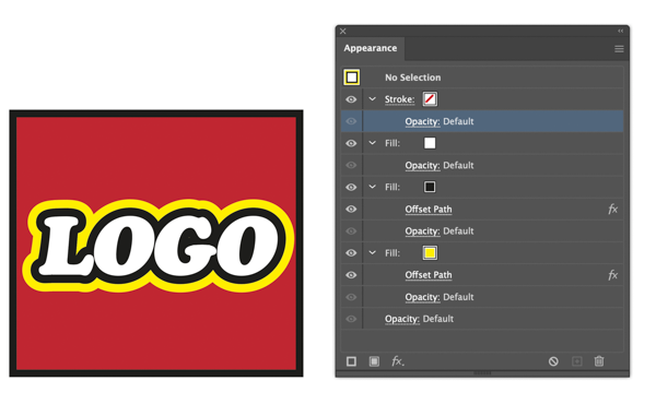 "Logo" in white caps with black and yellow strokes, on red background in rectangle with black border. Screenshot of Appearance panel.