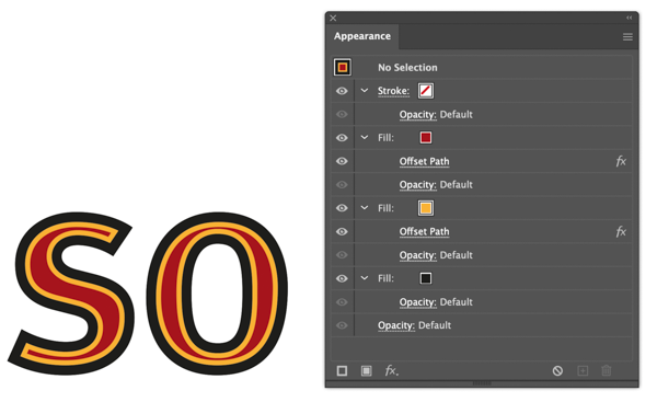 letters "so" with black outline, with strokes of yellow and red on the inside of the letter. Appearance panel with settings for effect.