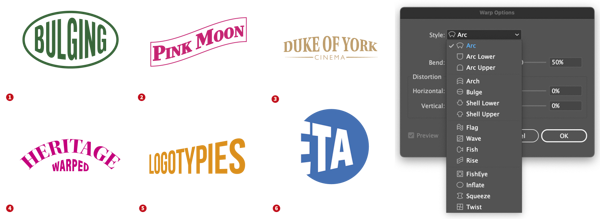 Six logos with effects from Warp effects.