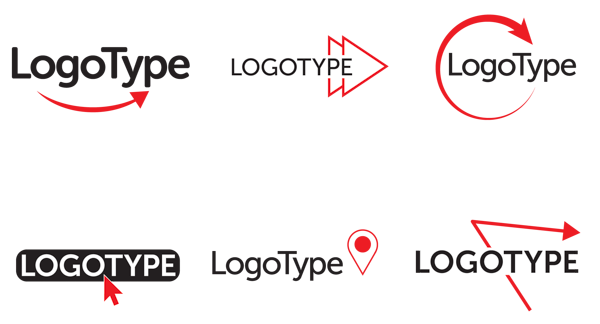 Six examples of logo with word "Logotype" in black with variants of red arrows