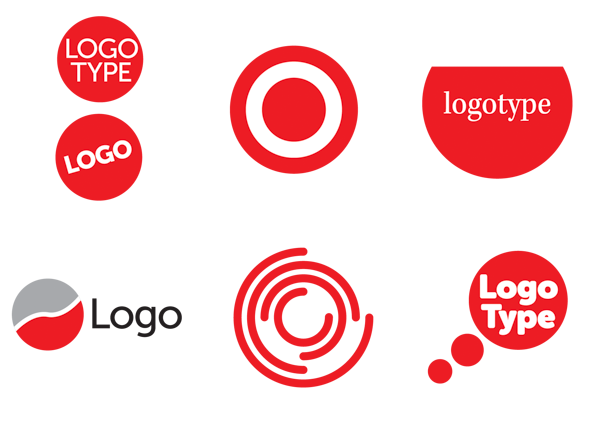 Seven examples of logos using red circle elements