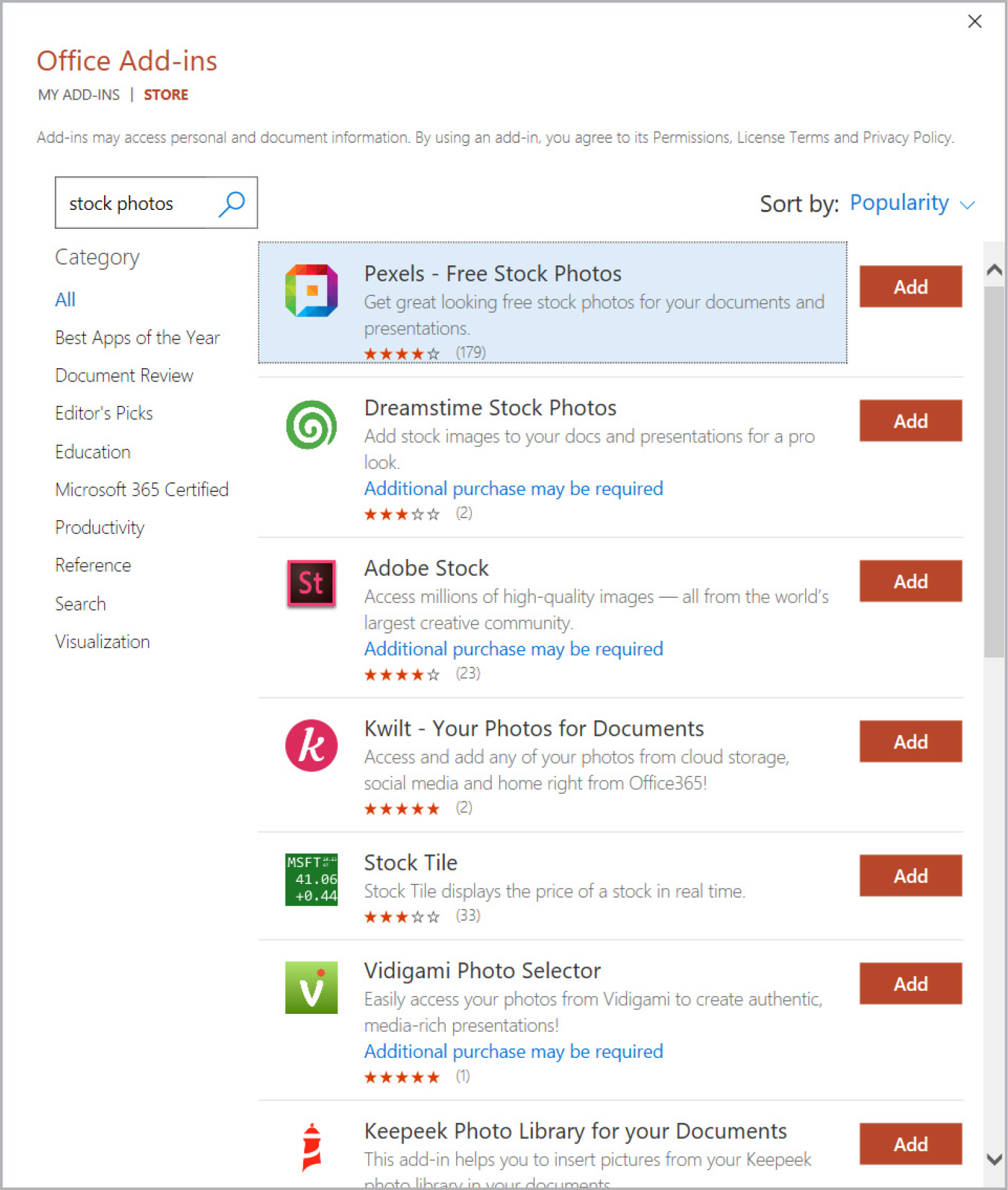 Menu of Office Add-ins Store with sample add-in (Pixels—Free Stock Photos) selected at top of list of seven visible products, sorted by popularity.