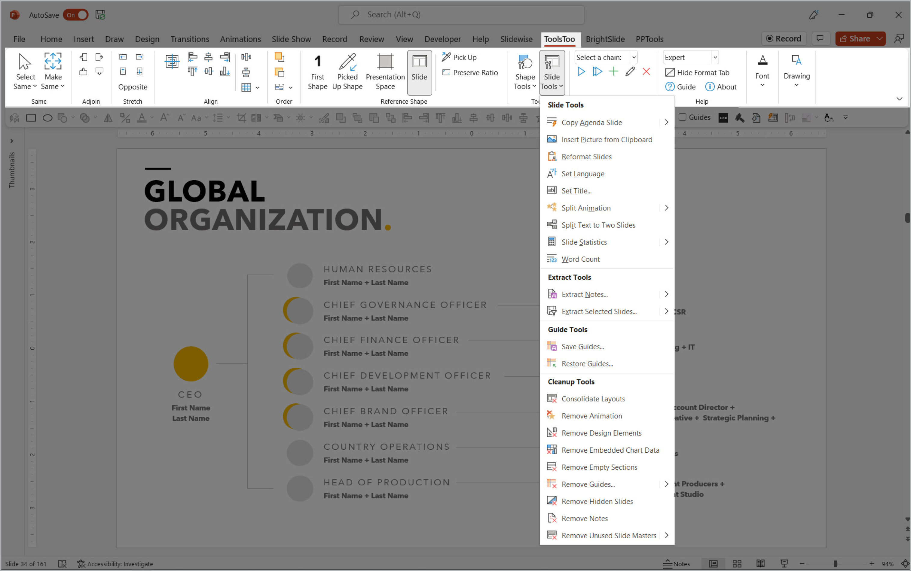 The full ToolsToo ribbon, with menu for Slide Tools tool