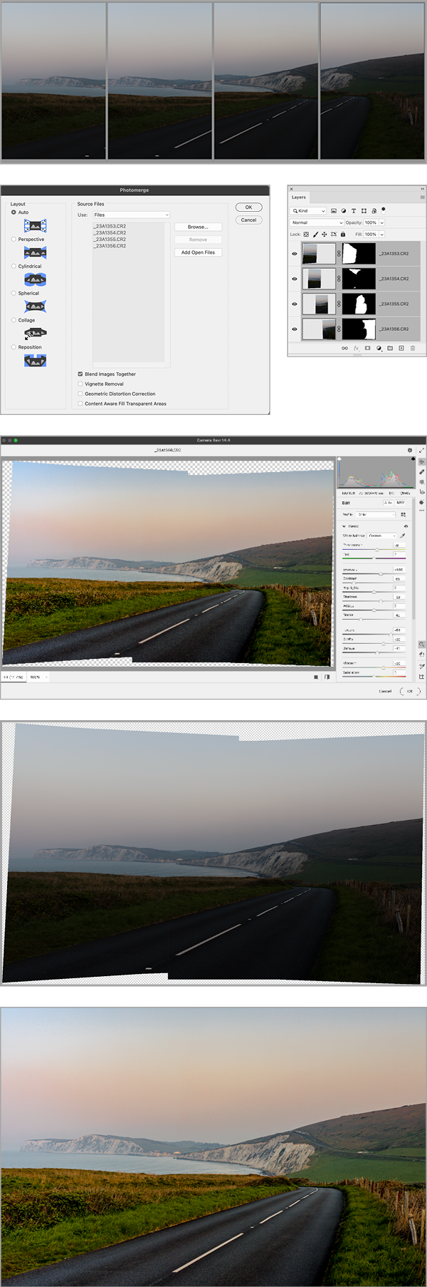 Four individual images, a screen capture from Photomerge to create a composite, the Layers panel in Photoshop showing the individual source images and the final merged layer. Screenshot of composite image in Camera RAW, final composite corrected image.