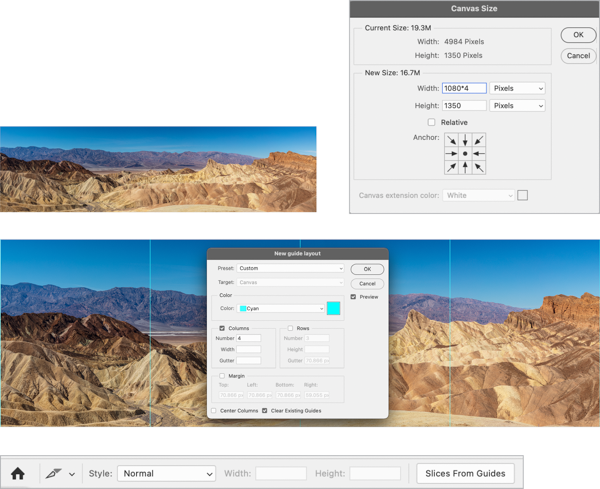 Panorama original with dialog box for Canvas Size (new size: Width, 1080*4), height 1350. Dialog box for new guide layout, 4 columns. Screen shot with the option bar control panel showing button for Slices from Guides.