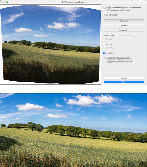 DR Panorama Merge Preview dialog box shows Projection: spherical; Create stack selected. Corrected photo shown.