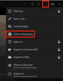 Lightroom screen shot shows Share To menu and Edit in Photoshop option highlighted.