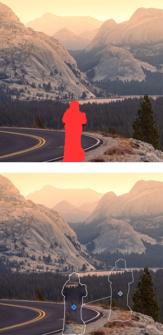 Sequence of photos in Lightroom shows masked out person in image and Lightroom's attempts at filling in the selection with data from the rest of the image