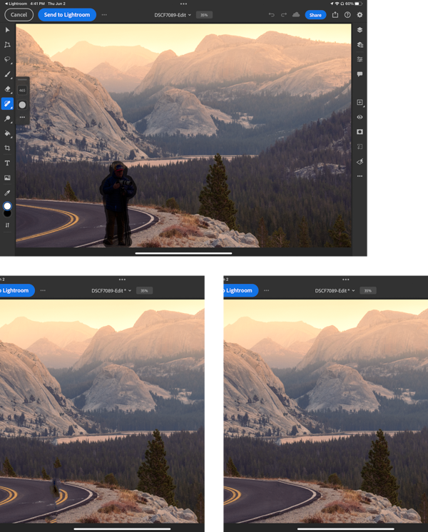 Sequence of screen shots showing use of healing brush on original photo