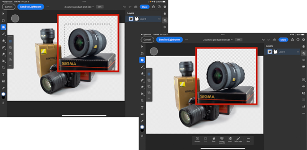 Sequence of Photoshop screen shots show selection and moving of one lens