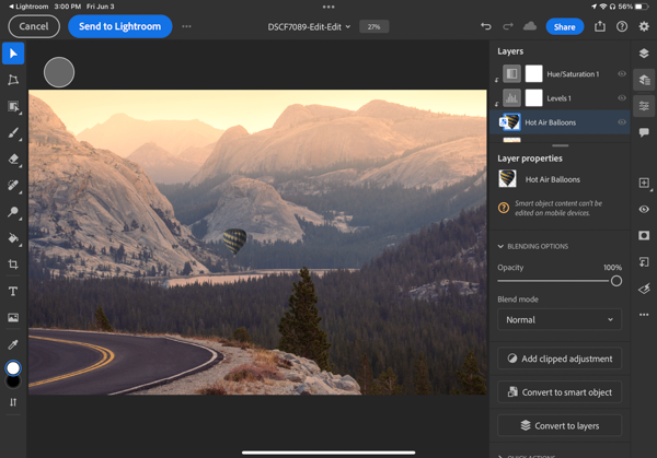 Photoshop screenshot shows highlight of composited content and Layers panel showing adjustment layer of image