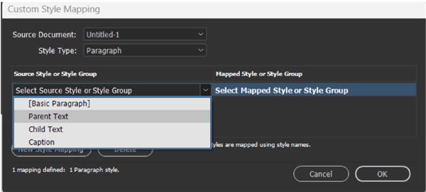 Custom Style Mapping dialog box shows source style or style group "Parent Text" and Mapped Style or Style Group with Parent Text selected as menu item