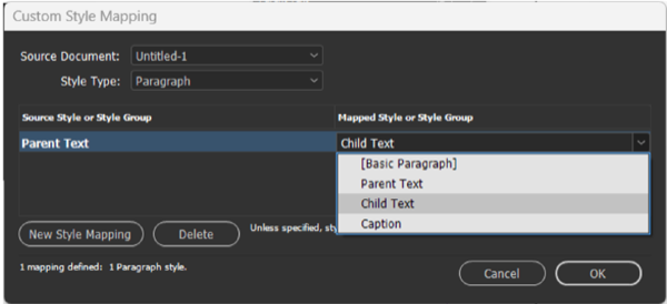 Custom Style Mapping dialog box shows mapped style or style group "Child Text" and Mapped Style or Style Group with Parent Text selected as menu item