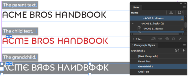 Frame labelled "grandchild" shows paragraph style as "Grandchild 1" with all links up to date.