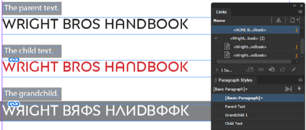 Parent text, child text, grandchild text styled respectively, with screenshot of links panel showing all links up to date.