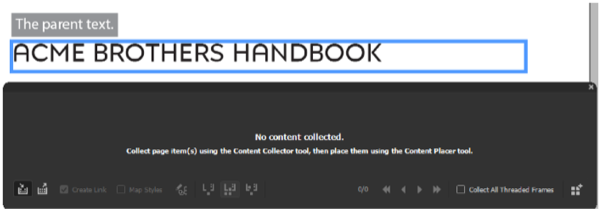 Screenshot of InDesign. Text frame with text "Acme Brothers Handbook" selected with Content Conveyor shown.