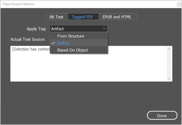 Screenshot of InDesign Object Export Options, Tagged PDF tab selected. Apply Tag: From Structure, Actual Text Source: Custom; "Sale"