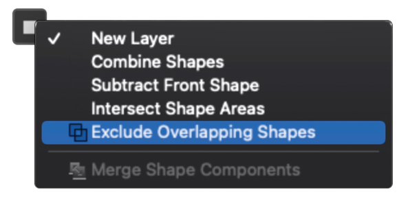 Photoshop Path Options menu with "Exclude overlapping shapes" selected