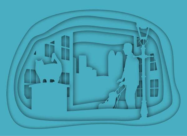 Shadow effects applied to other objects including windows, building, and person pushing baby in stroller, against solid blue background