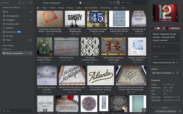 A folder of images downloaded directly from Pinterest into the Eagle app